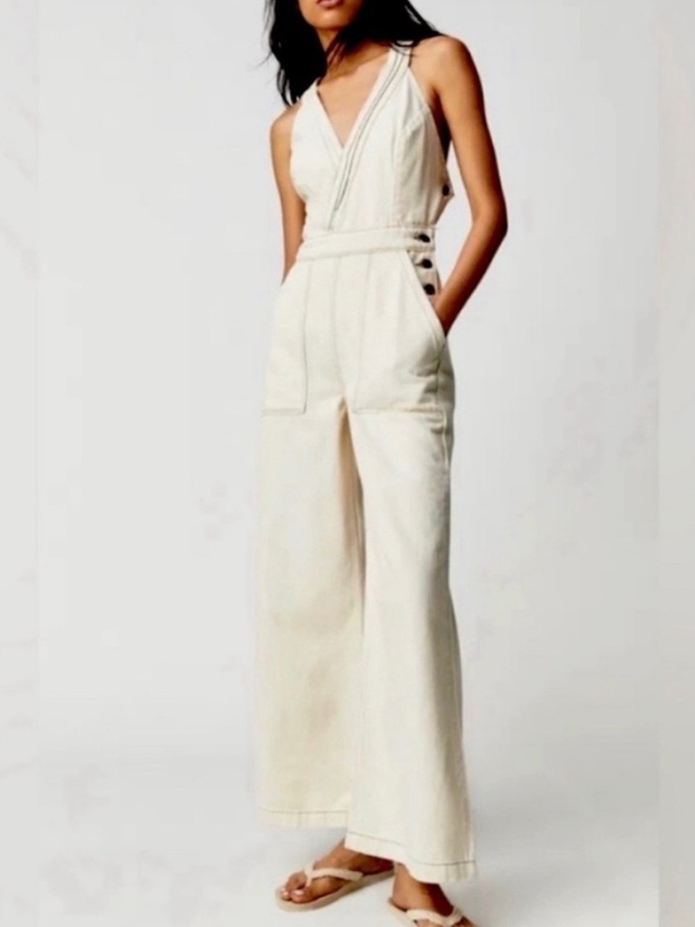 Etica Wide-Leg Jumpsuit with Deep V-Neck